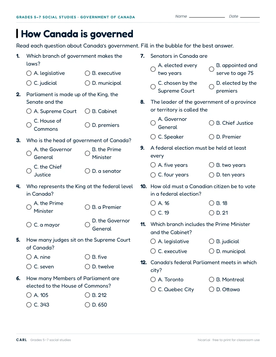 How Canada is governed worksheet preview