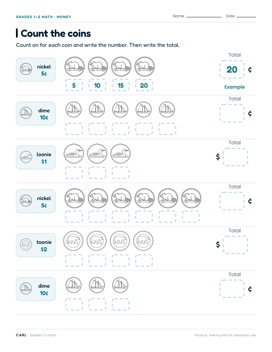 Counting Canadian coins worksheets preview