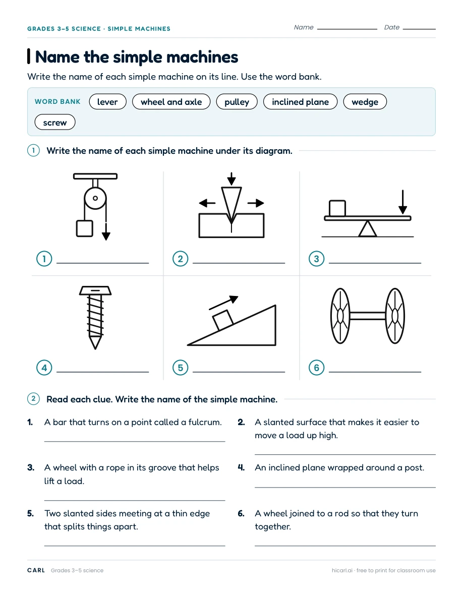 Simple machines worksheets preview