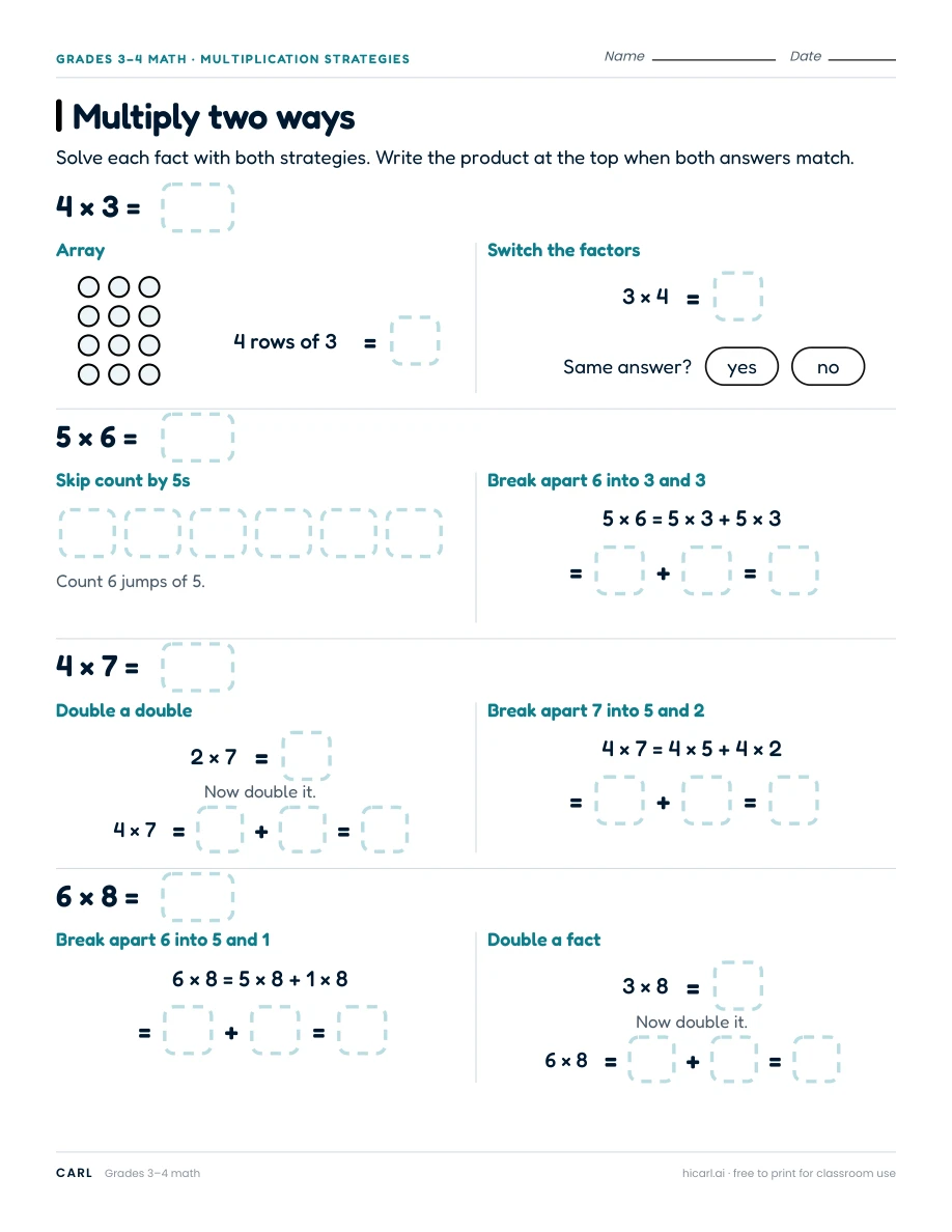 Multiply two ways worksheet preview