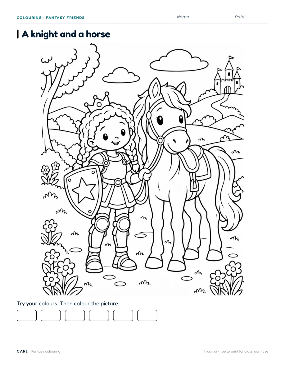 A Knight and a Horse 1 colouring page preview