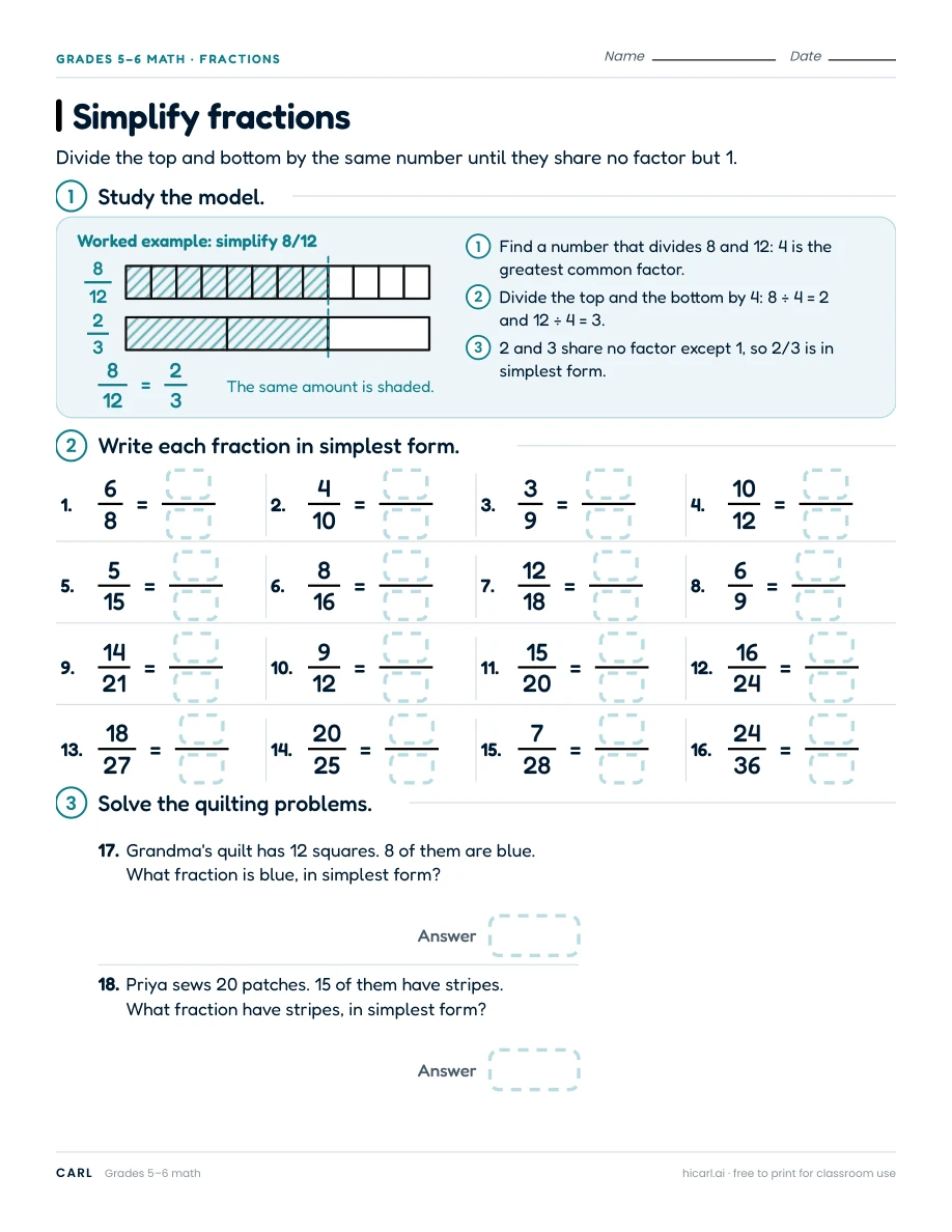 Simplify fractions worksheet preview