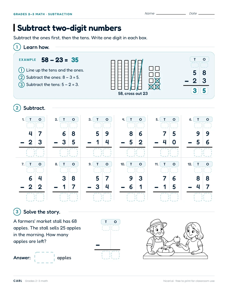 Subtract two-digit numbers worksheet preview