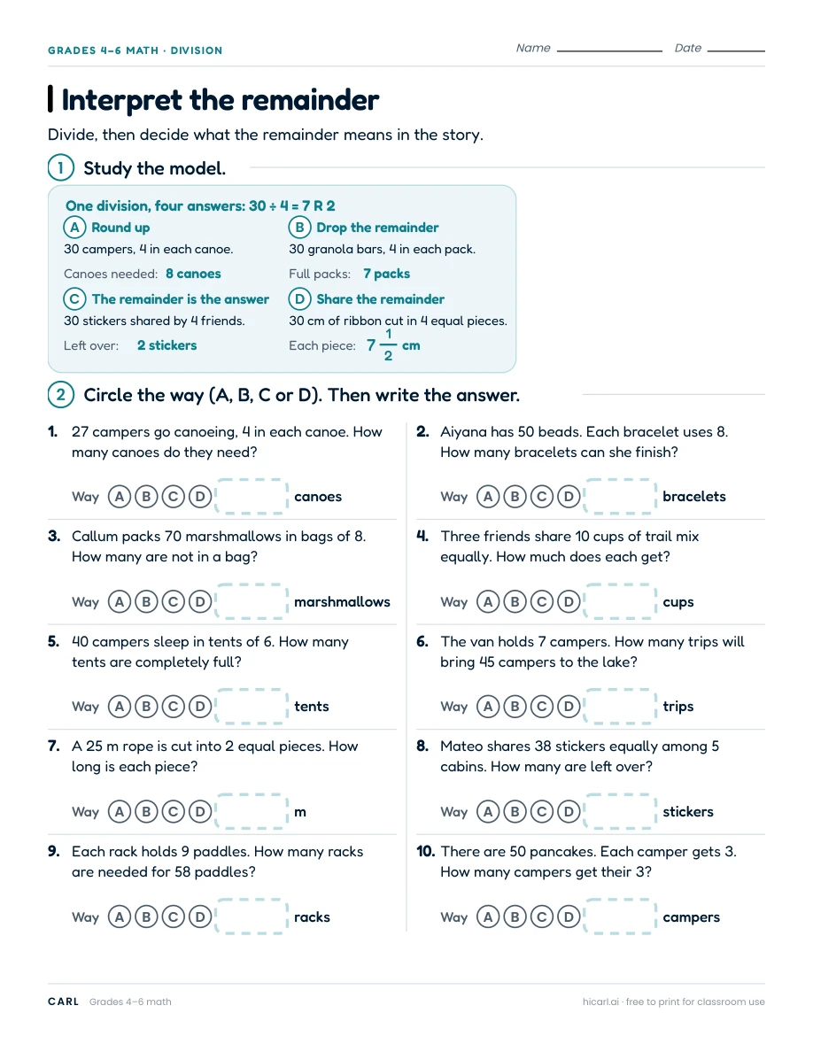 Interpret the remainder worksheet preview