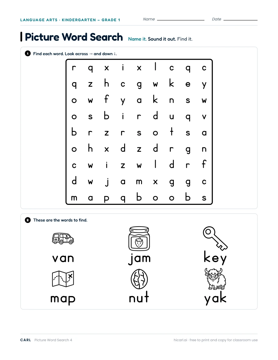 Picture Word Search 4: picture clues for van, jam, key, map, nut and yak.