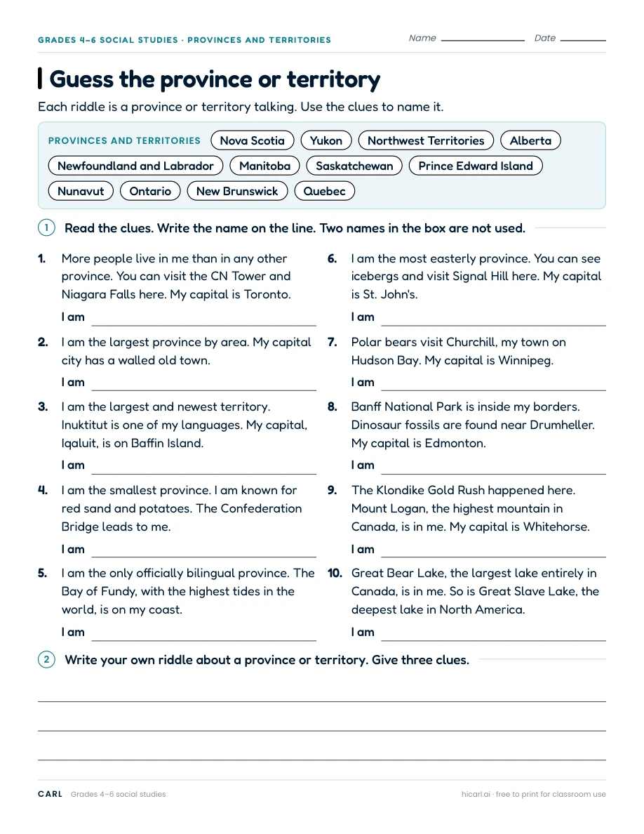Guess the province or territory worksheet preview