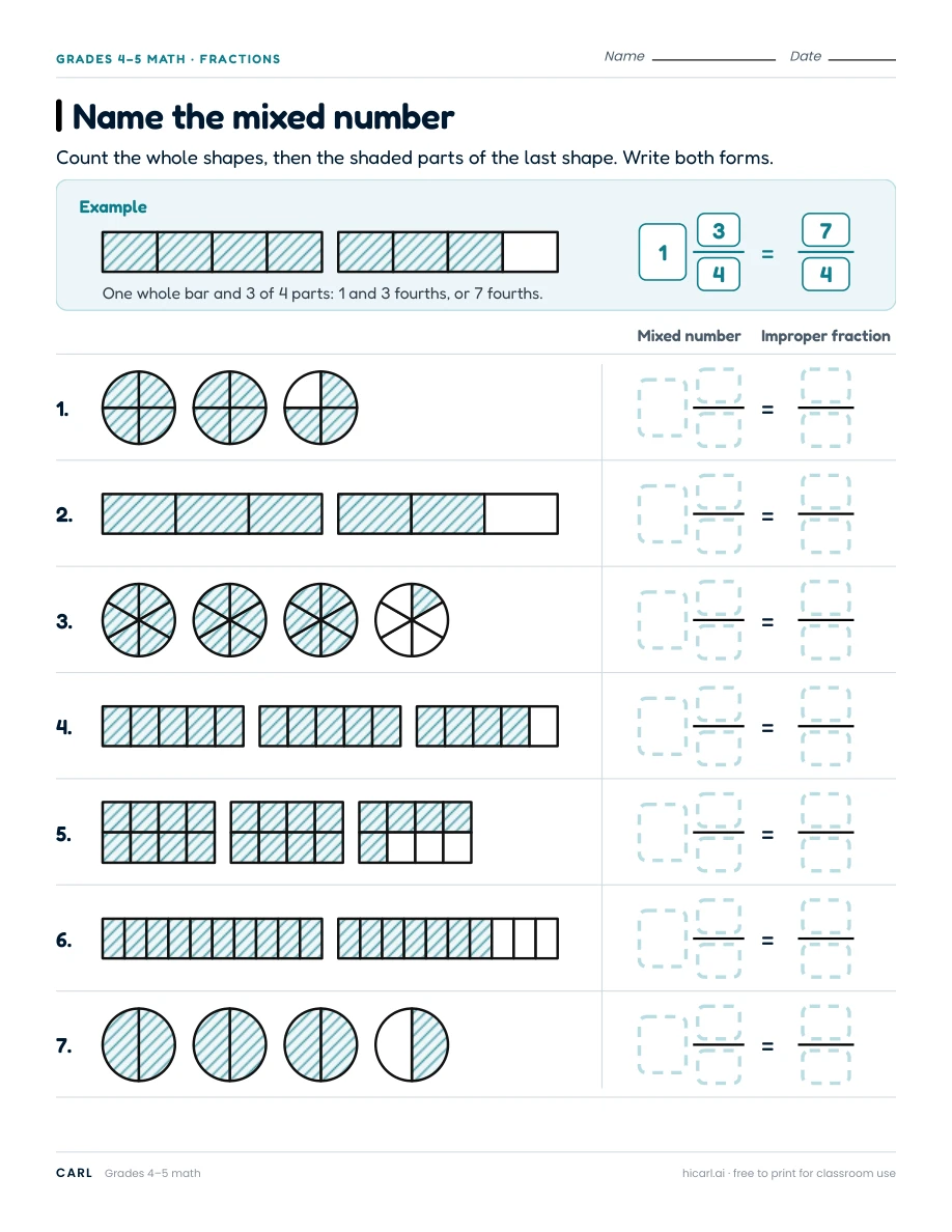 Name the mixed number worksheet preview