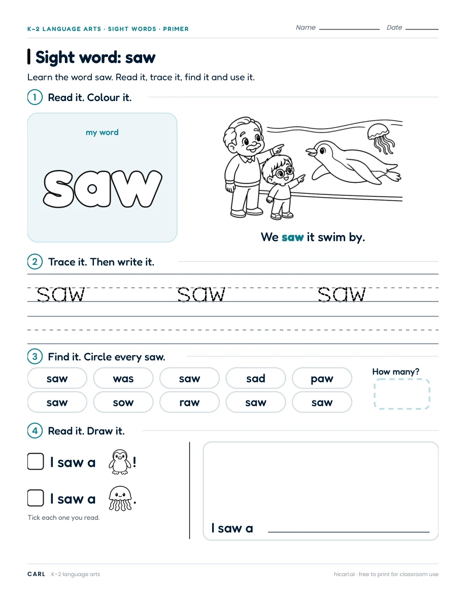Sight word: saw preview