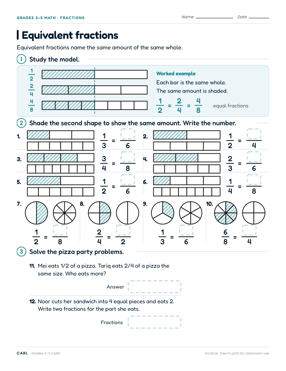Equivalent fractions and fraction forms worksheets preview