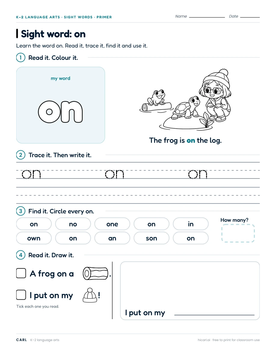 Sight word: on preview