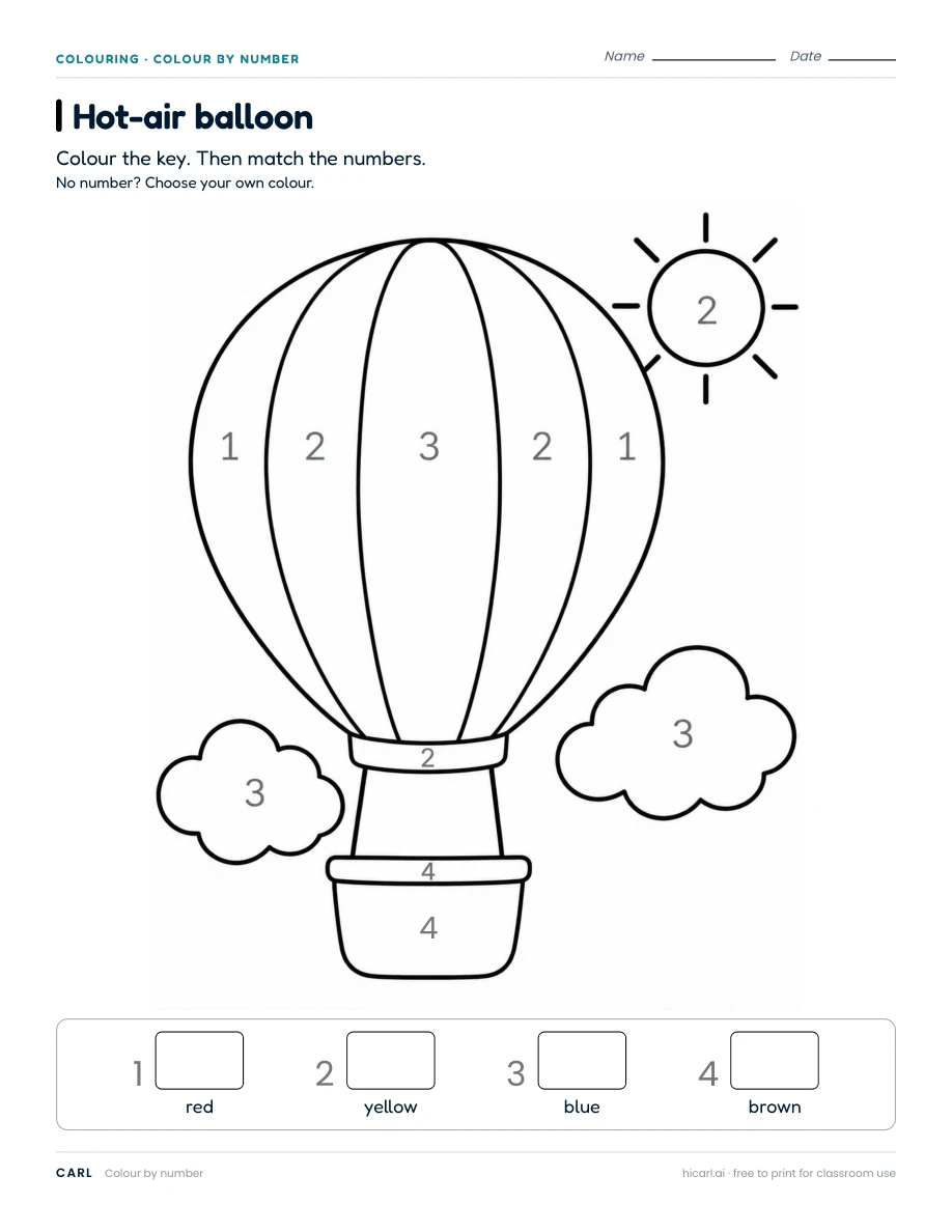 Colour by number: hot-air balloon worksheet preview