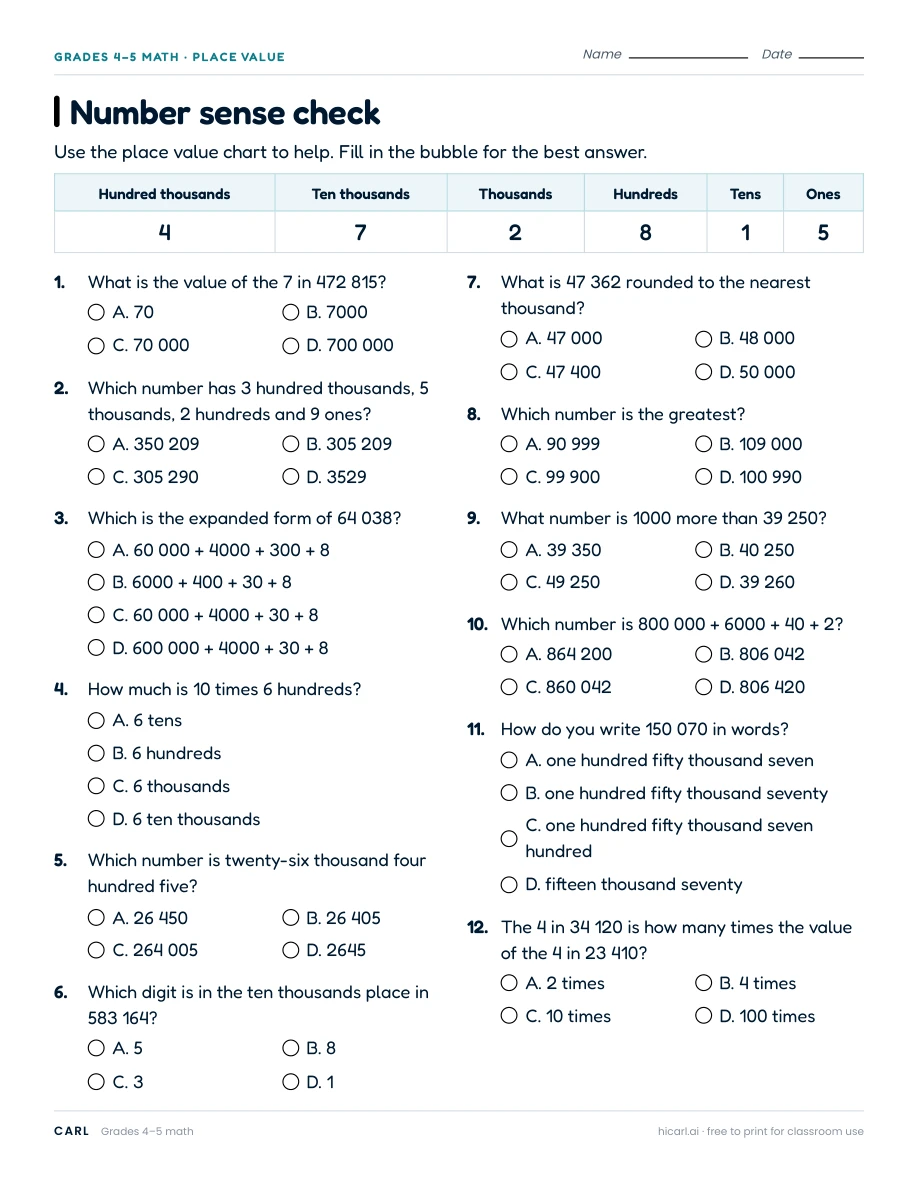 Number sense check worksheet preview