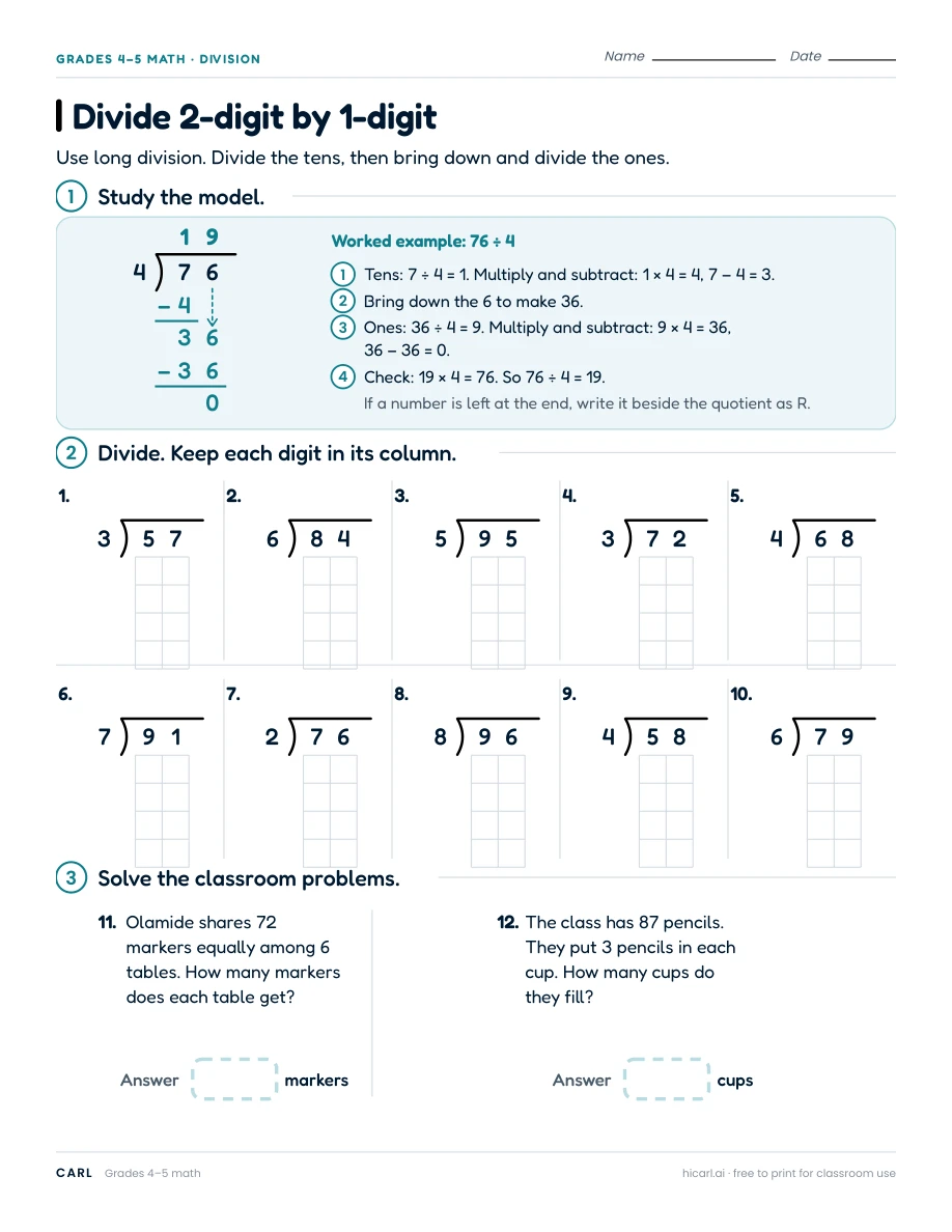 Long division and remainder worksheets preview