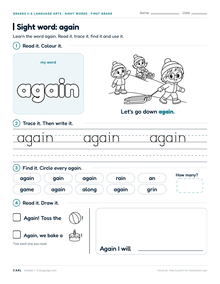 First-grade sight word worksheets preview