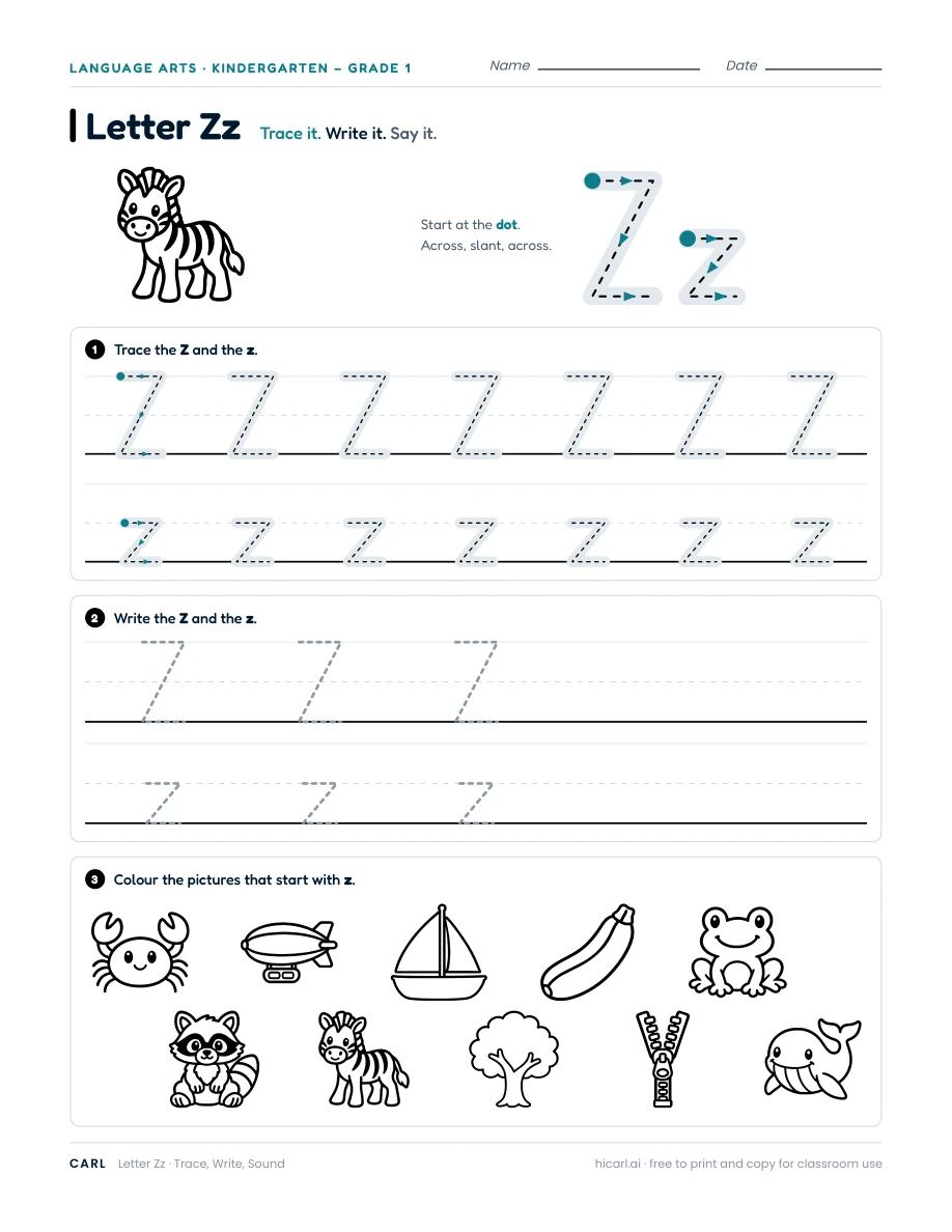 Letter Z worksheet — page 1 of 1