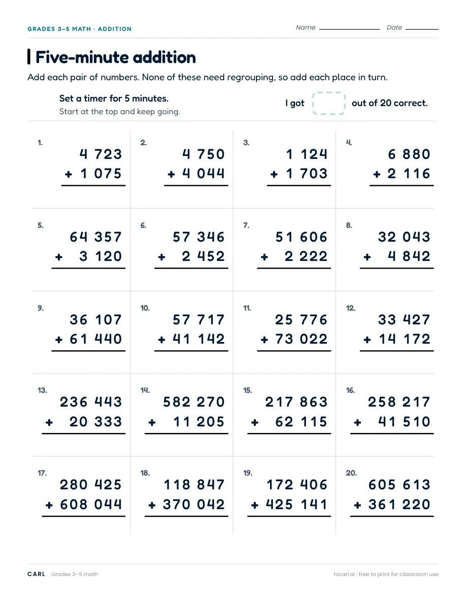 Five-minute addition worksheet preview