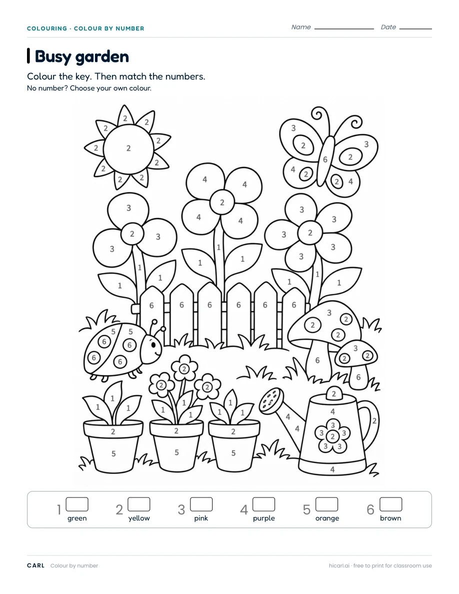 Colour by number: busy garden worksheet preview