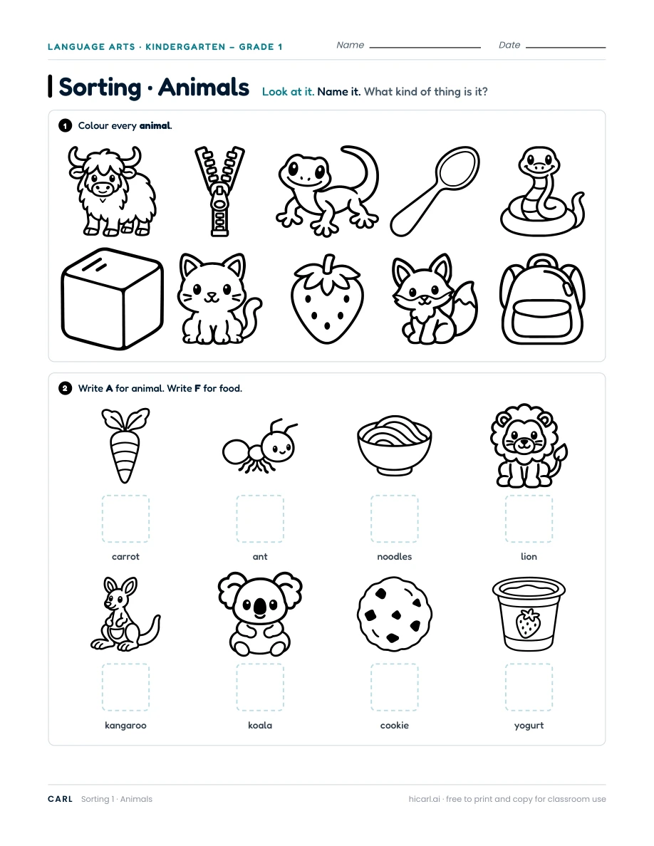 Animals sorting worksheet — page 1 of 1