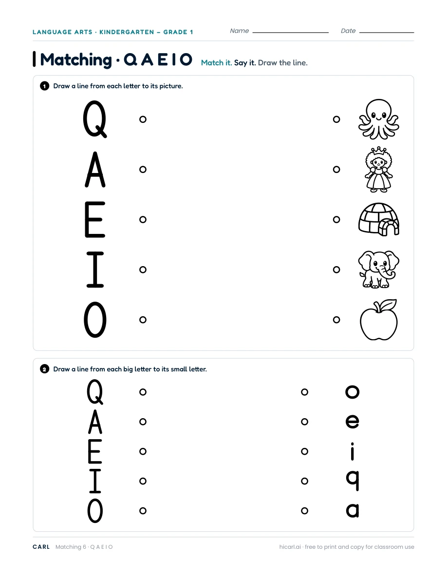 Q, A, E, I, O matching worksheet — page 1 of 1