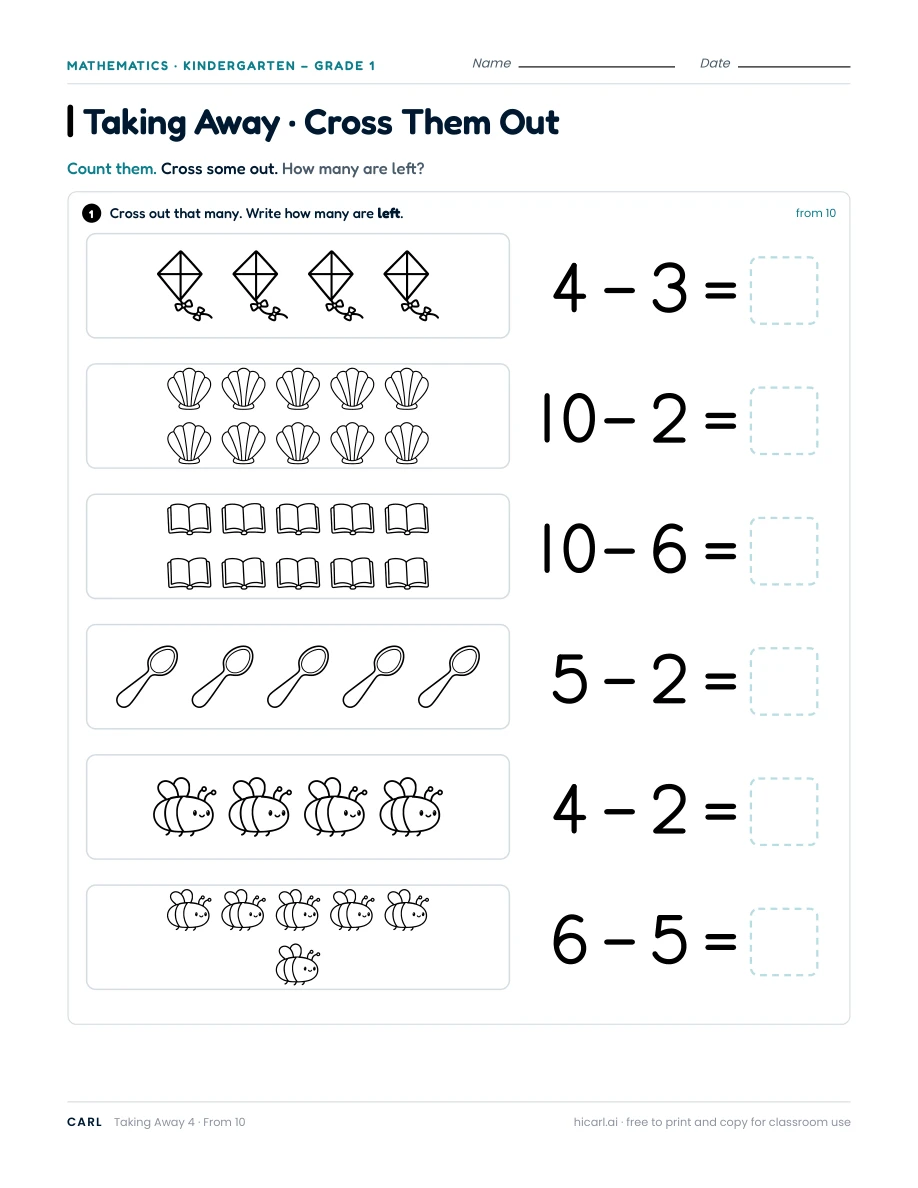Subtraction within 10, sheet 4 — page 1 of 1