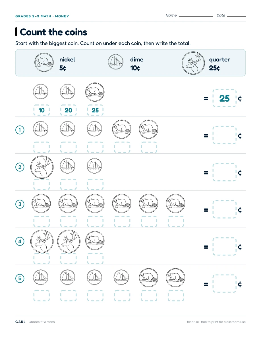 Counting Canadian coins worksheets preview