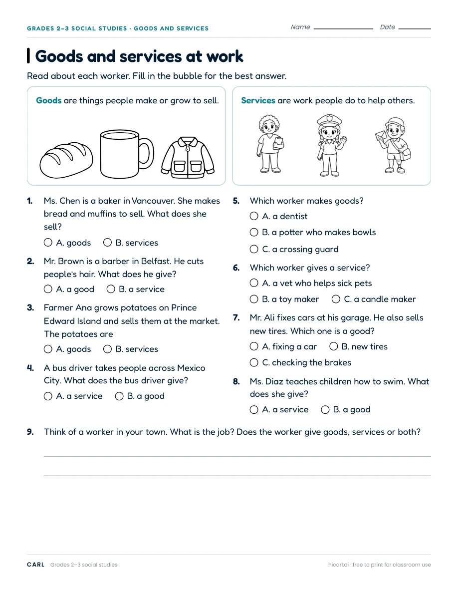 Goods and services at work worksheet preview