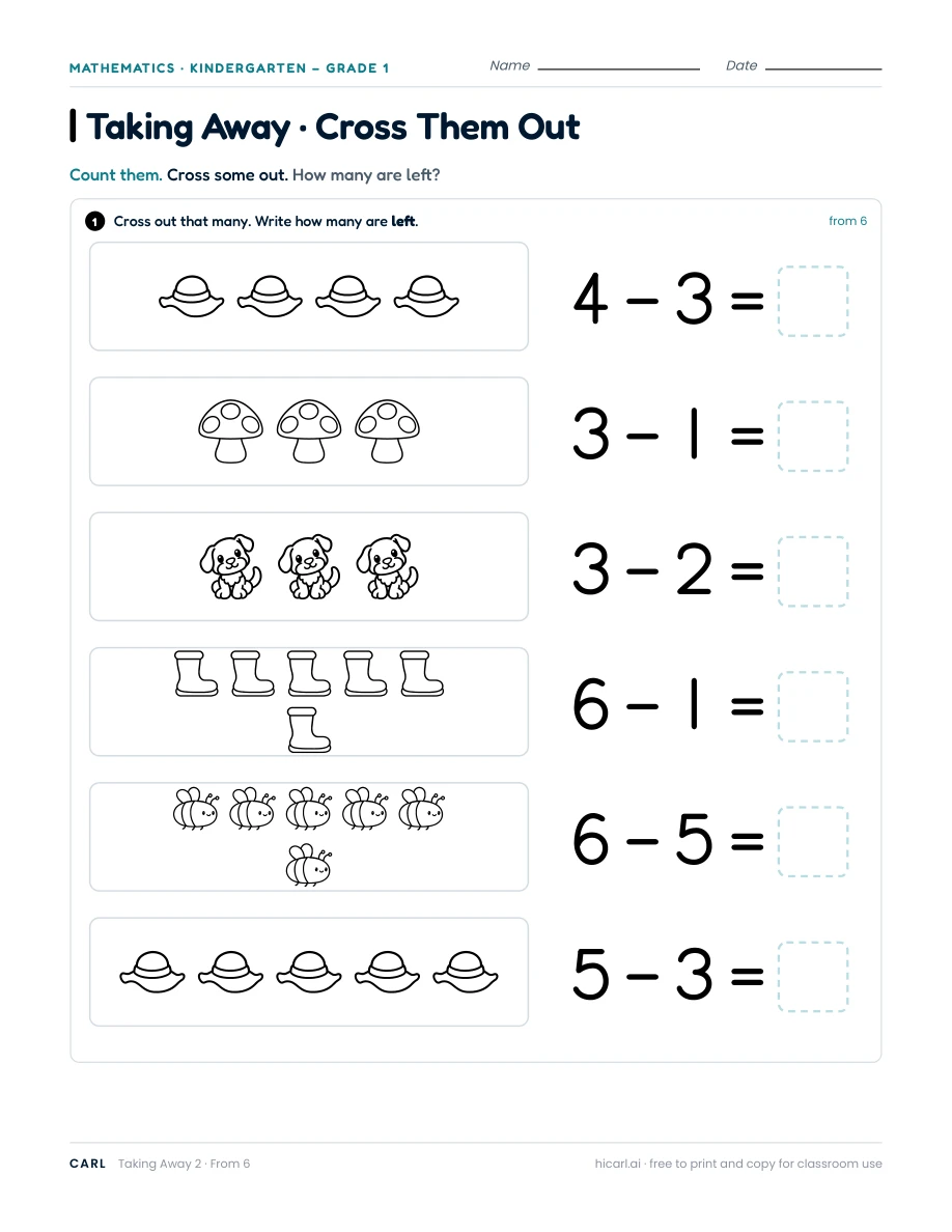 Subtraction within 6, sheet 2 — page 1 of 1