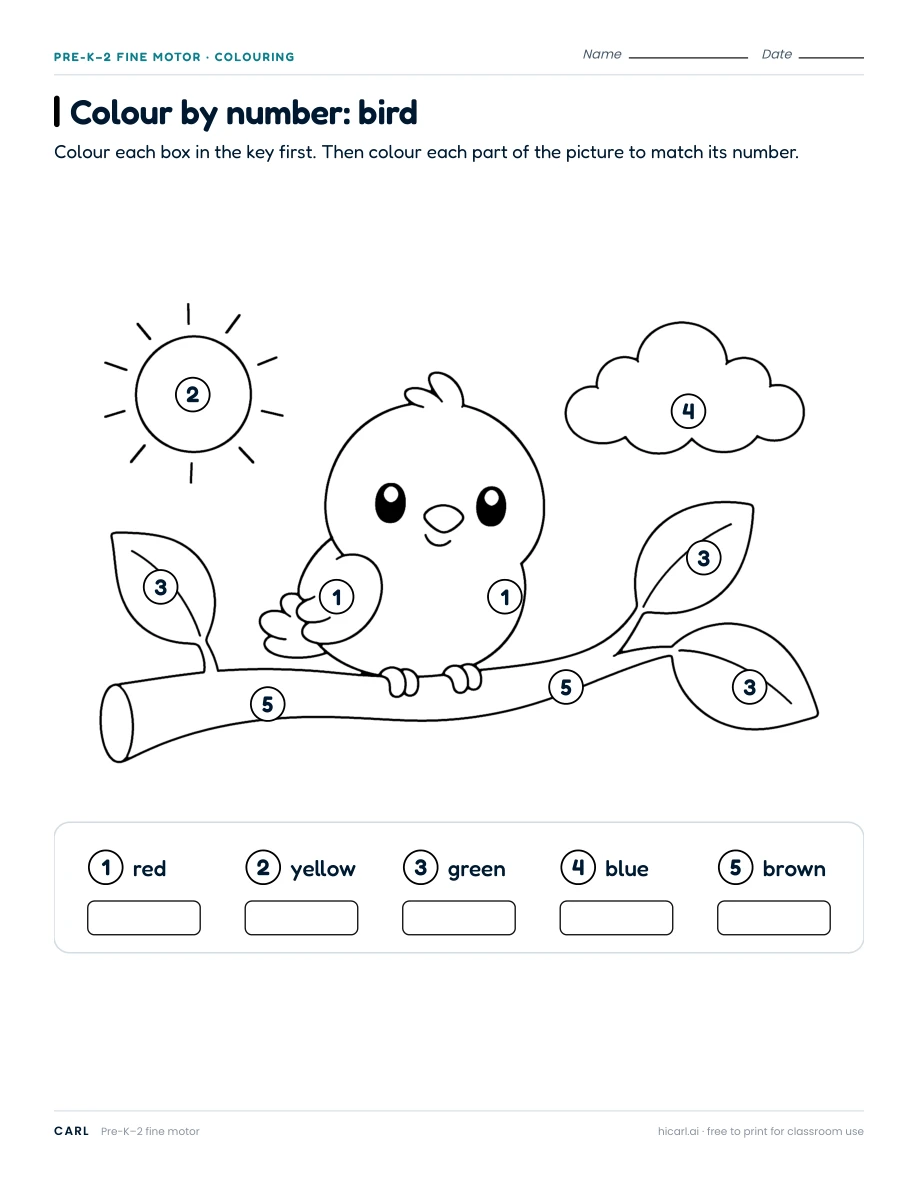 Colour by number: bird worksheet preview