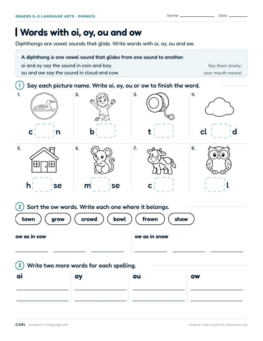 Words with oi, oy, ou and ow preview
