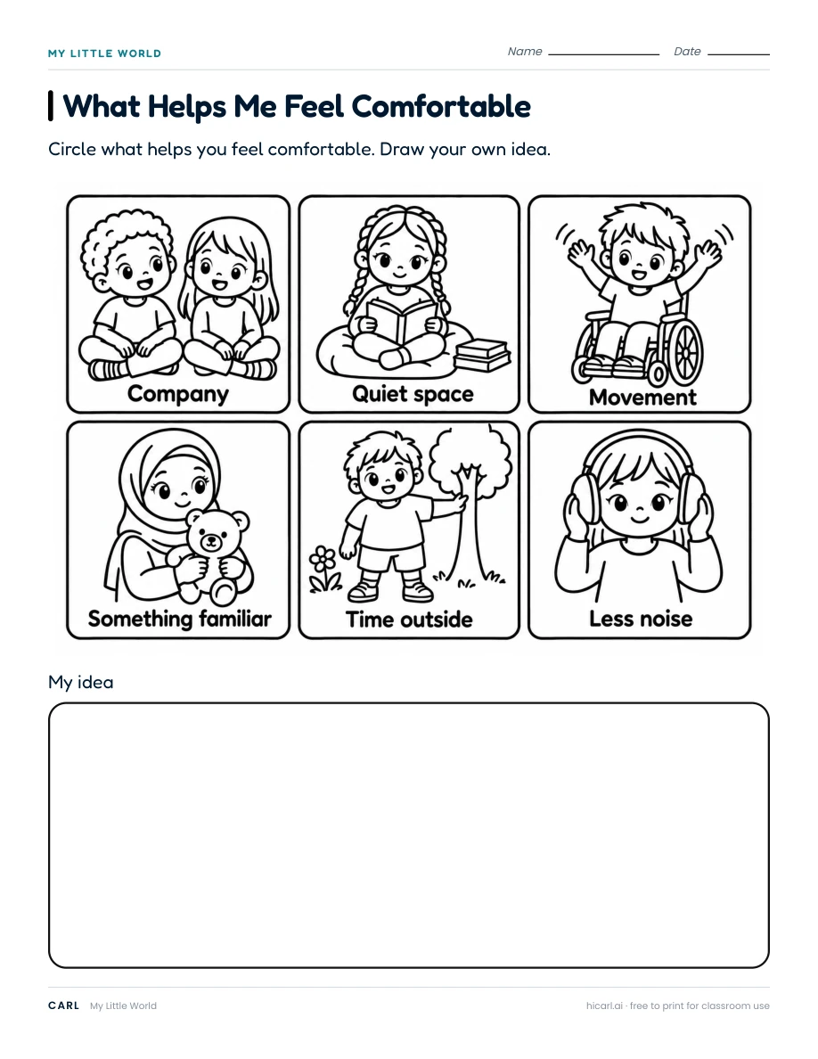 My Little World: What Helps Me Feel Comfortable worksheet preview