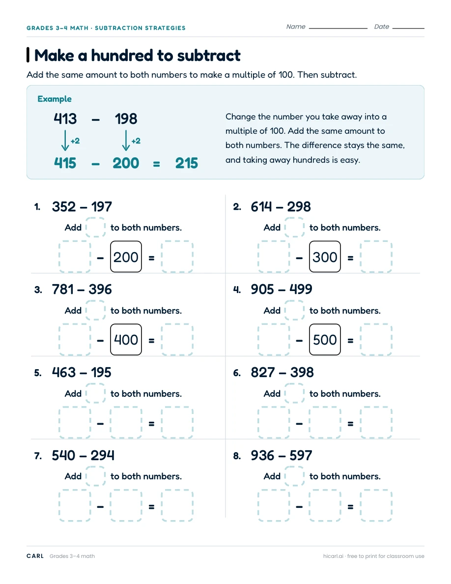 Make a hundred to subtract worksheet preview