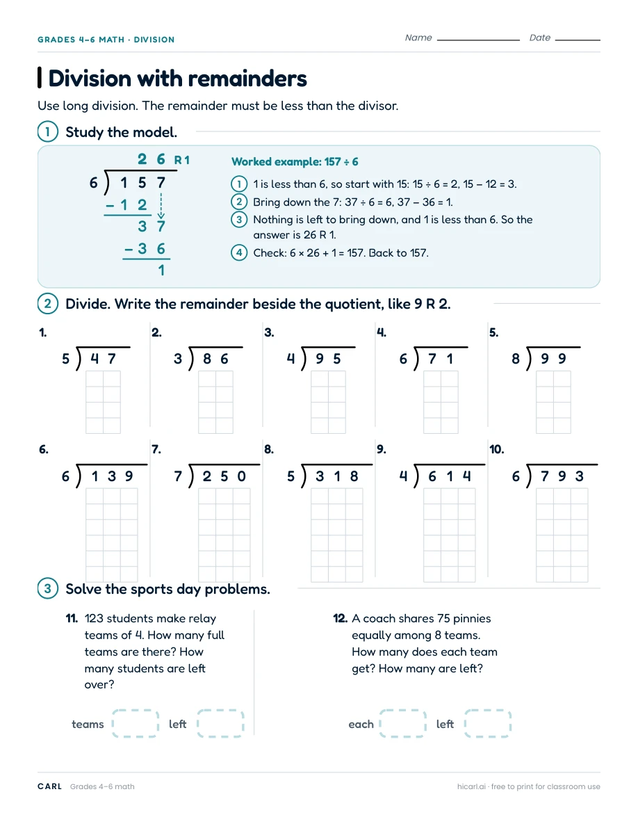 Division with remainders worksheet preview