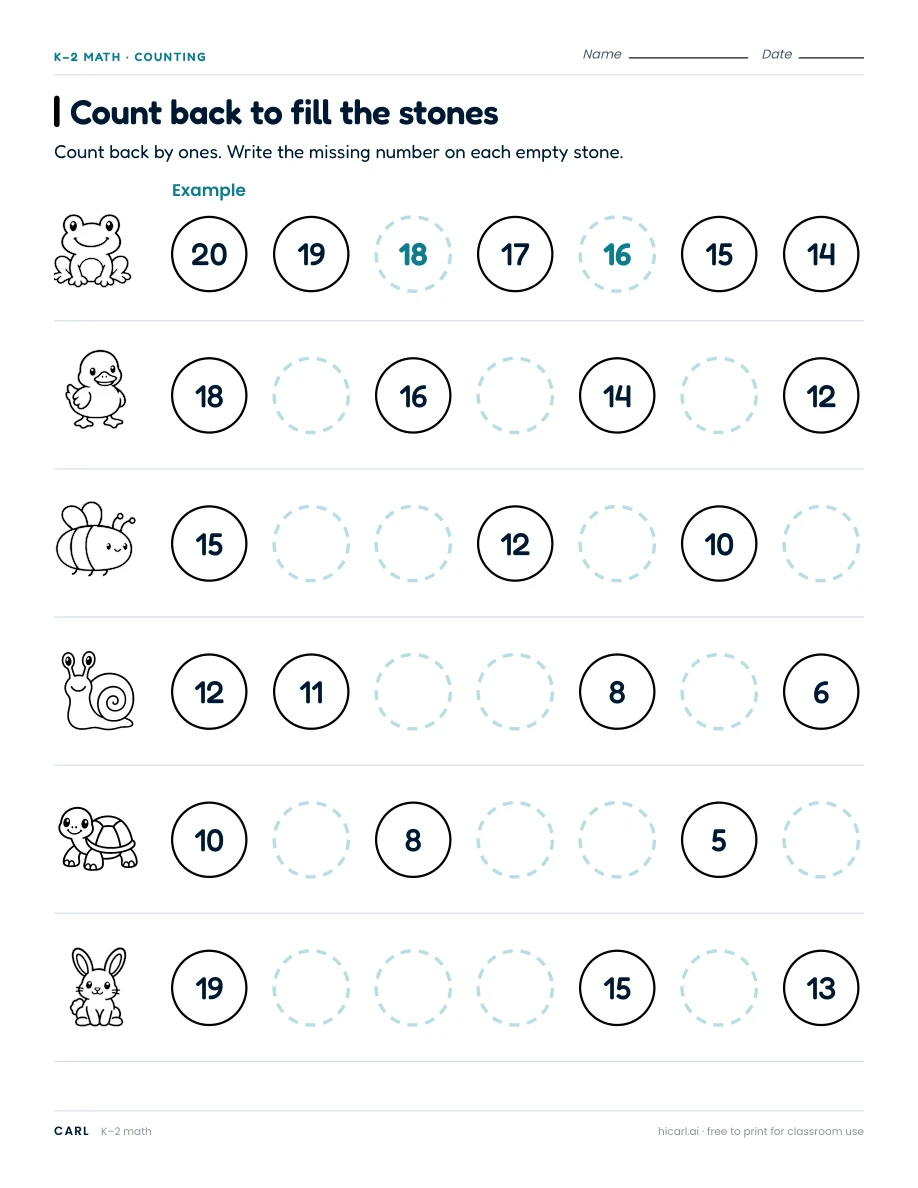 Count back to fill the stones worksheet preview