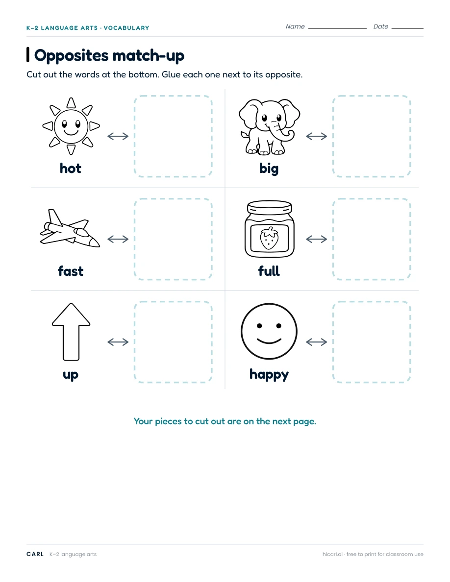 Opposites match-up worksheet preview