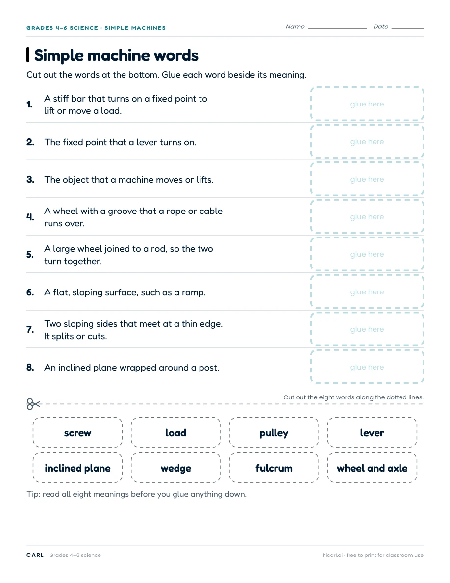 Simple machine words worksheet preview