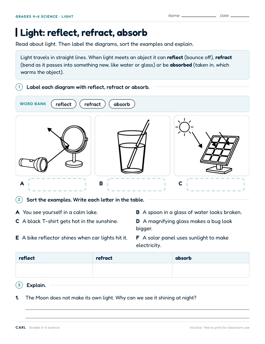 Light: reflect, refract, absorb worksheet preview
