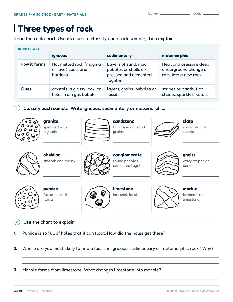 Rocks and fossils worksheets preview