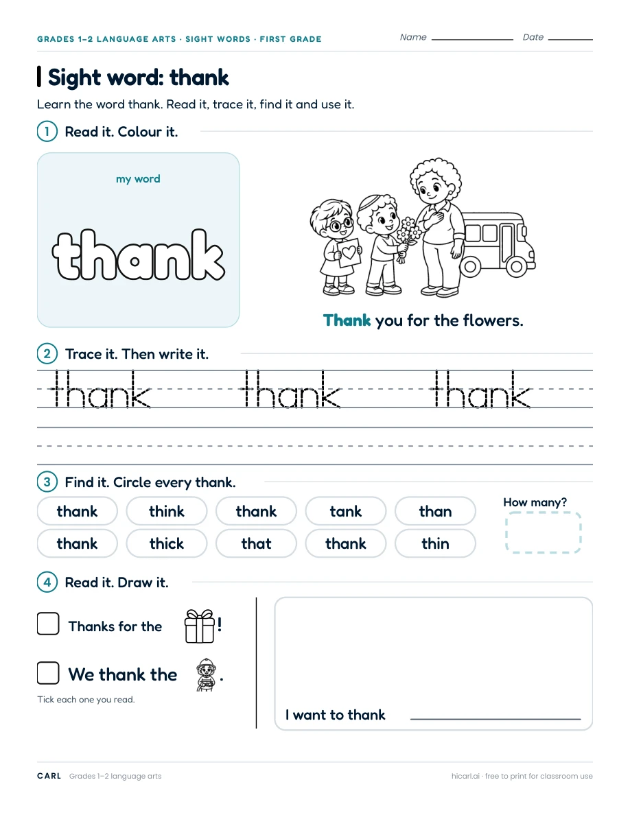 Sight word: thank preview