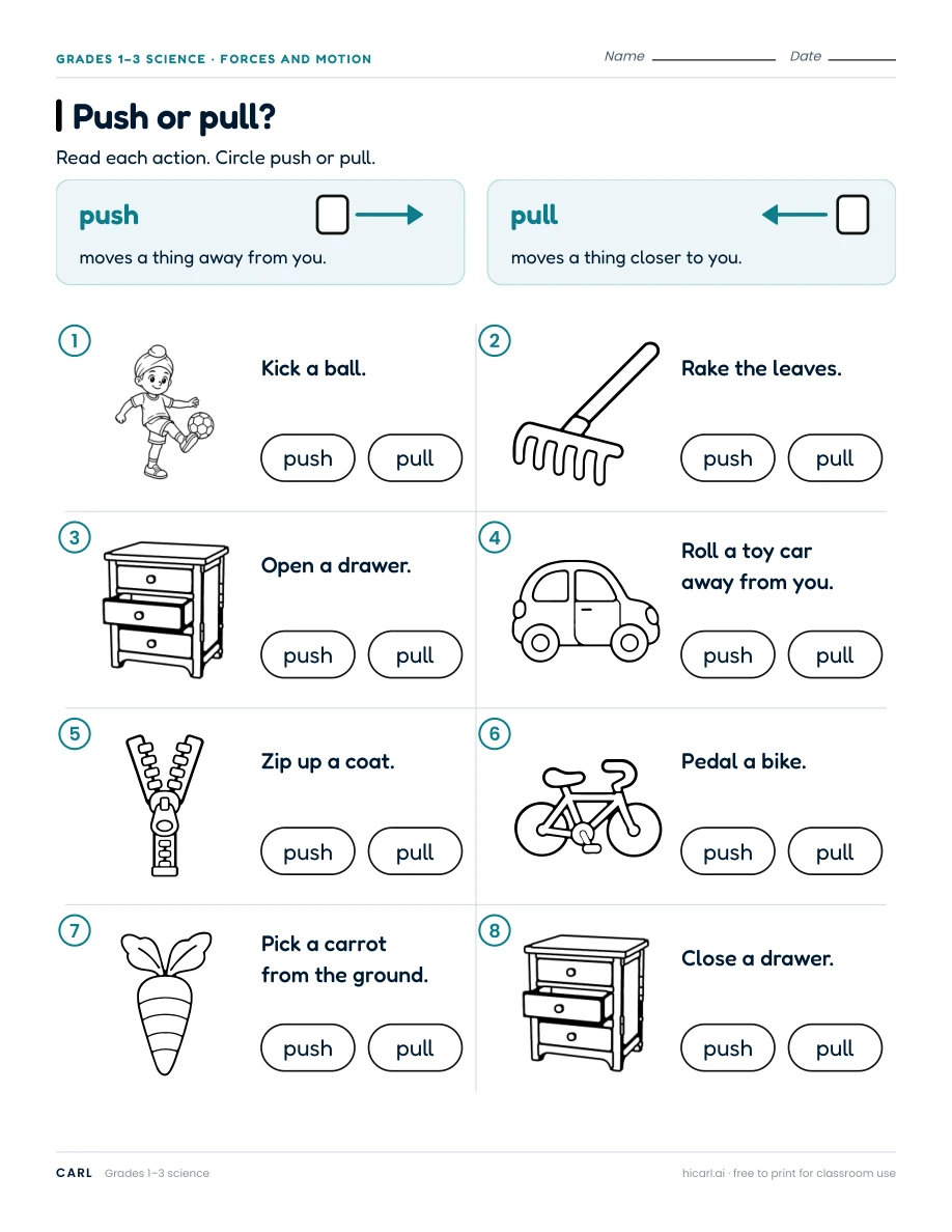 Pushes, pulls and friction worksheets preview