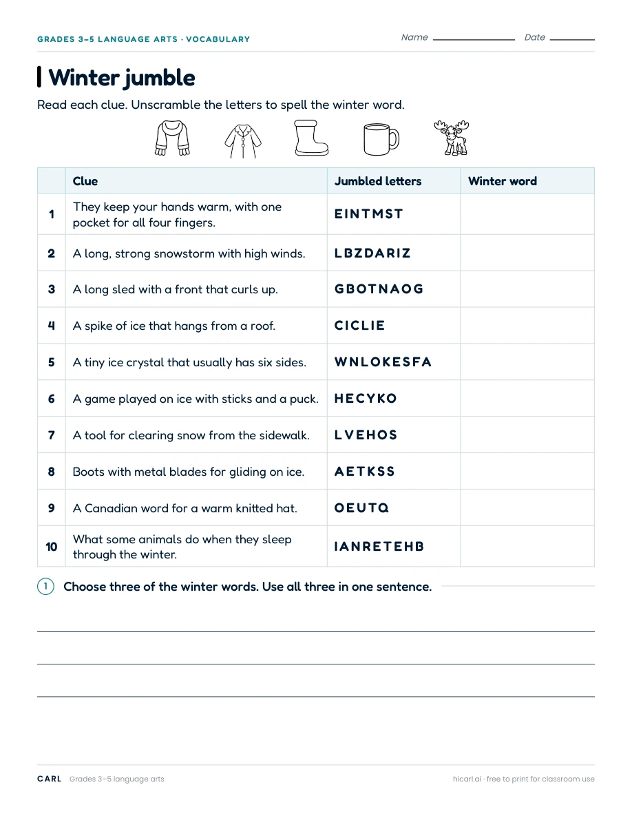 Winter jumble worksheet preview