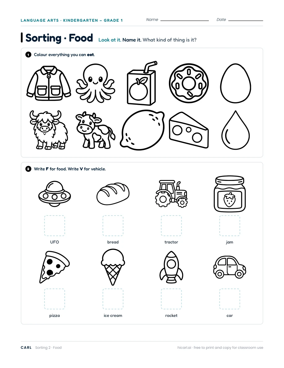 Food sorting worksheet — page 1 of 1
