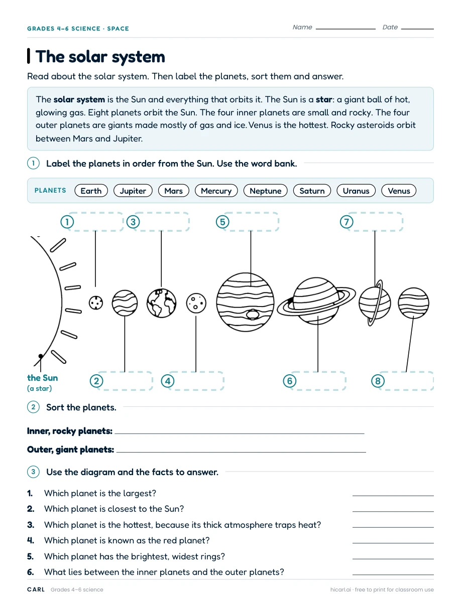 Solar system, moon and seasons worksheets preview