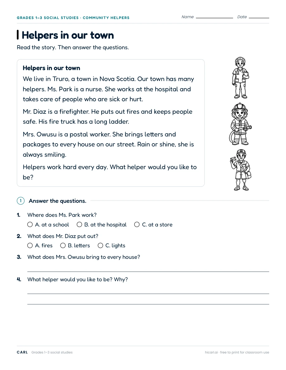 Helpers in our town worksheet preview