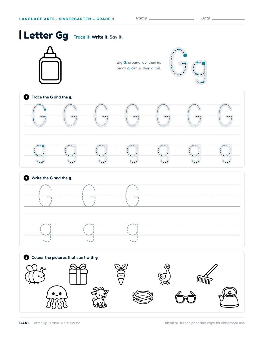 Letter G worksheet — page 1 of 1