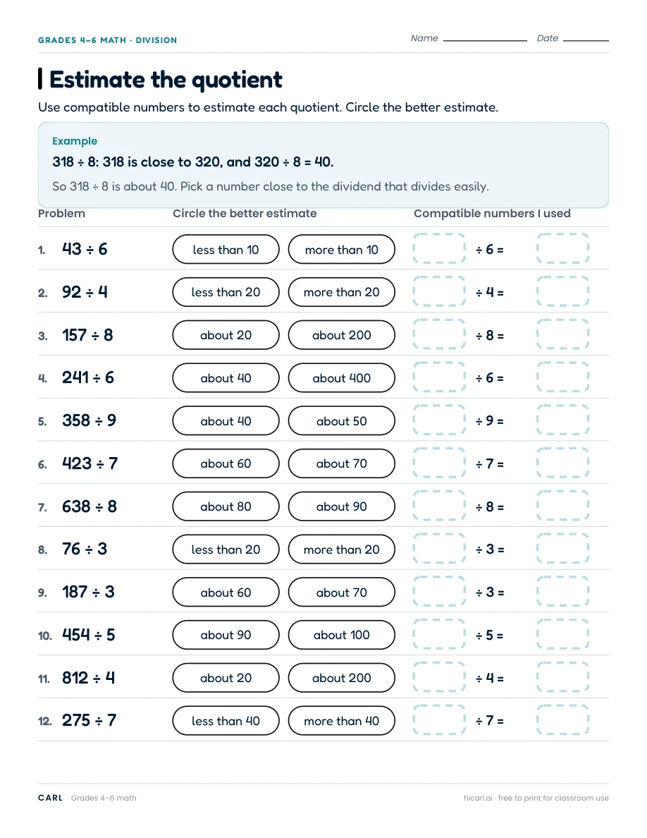 Division strategies and number sense worksheets preview