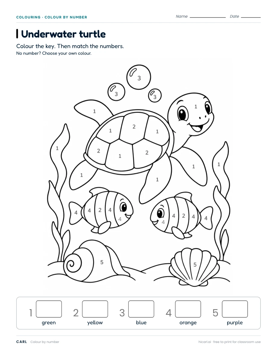 Colour by number: underwater turtle worksheet preview
