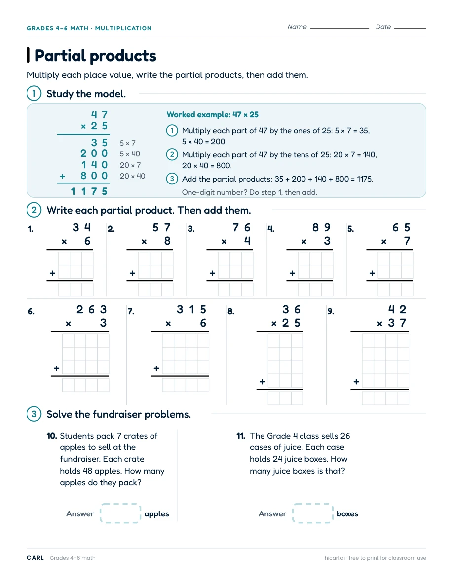 Area models and partial products worksheets preview