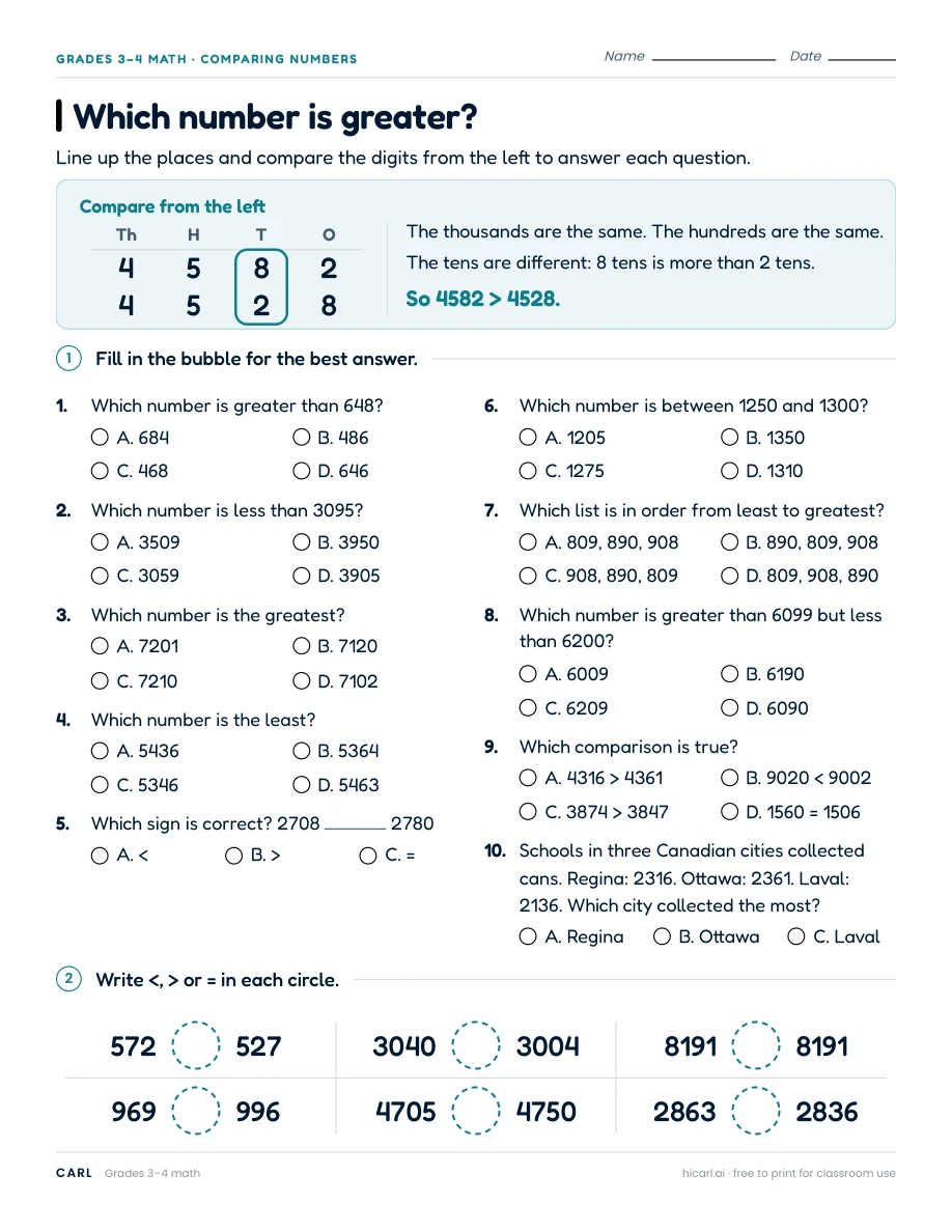 Which number is greater? worksheet preview
