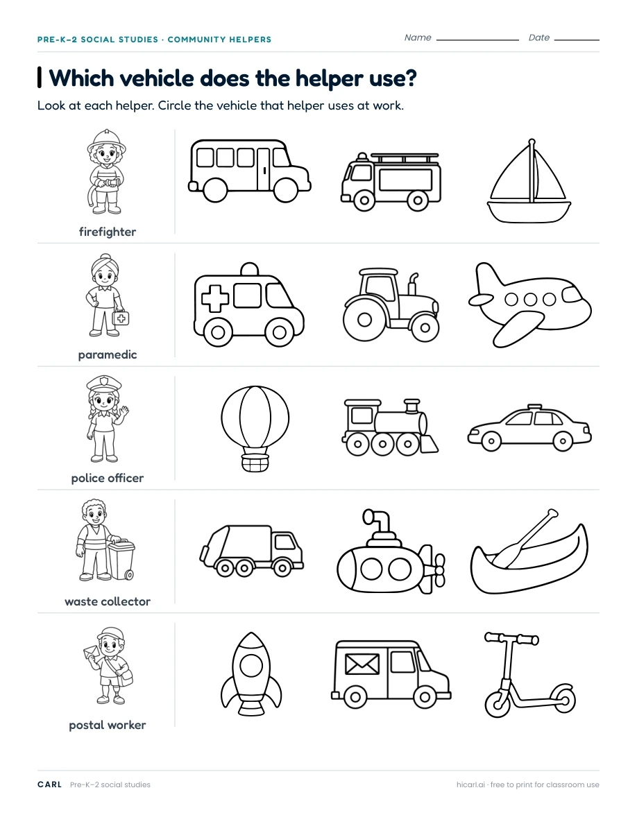 Which vehicle does the helper use? worksheet preview