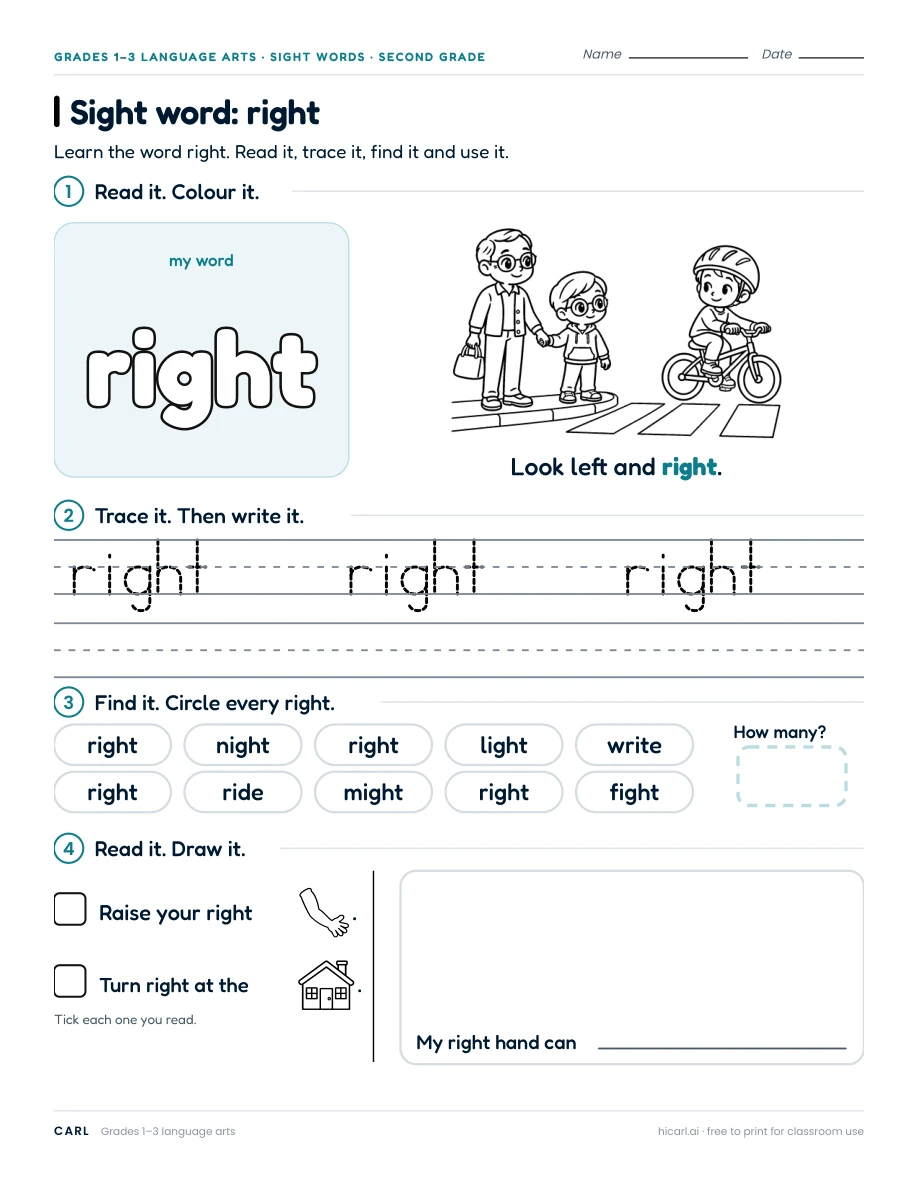 Sight word: right preview